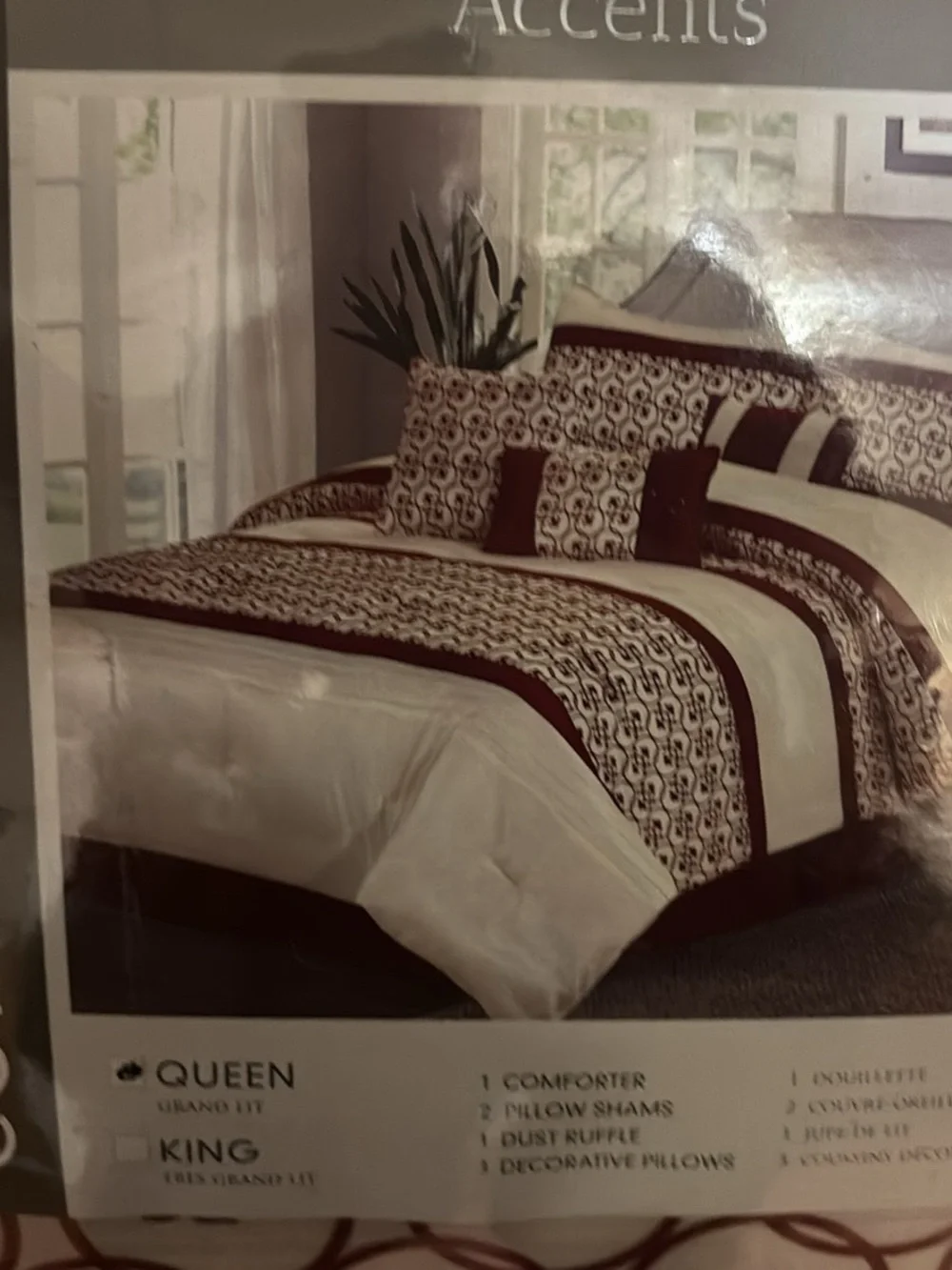 7-Piece Cream and Red Flocked Comforter Set - Home Bedding